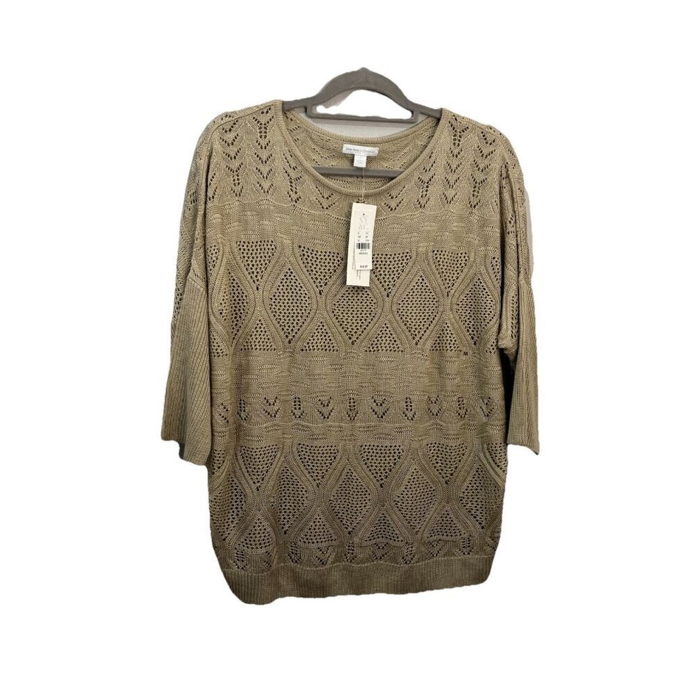 New York & Company Dolman Pointelle Sweater Open Knit Tan Size M